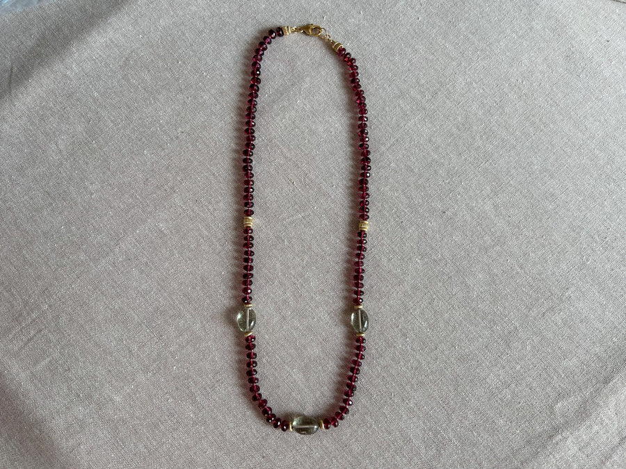 Rhodolite Necklace with Prasolite and Gold Bead Accents