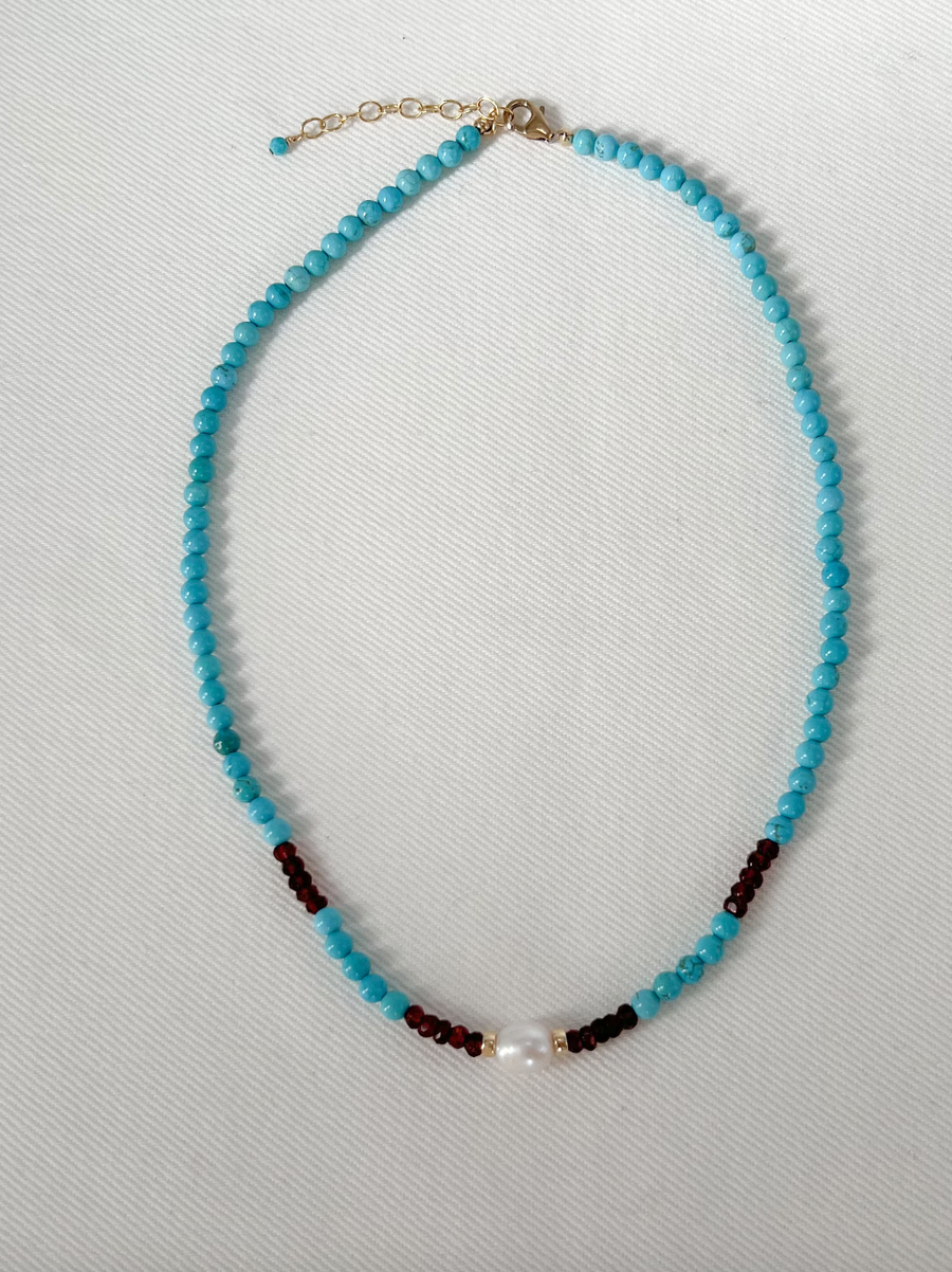 Turquoise and Garnet Necklace with Rice Pearl Accent