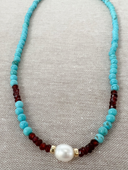 Turquoise and Garnet Necklace with Rice Pearl Accent