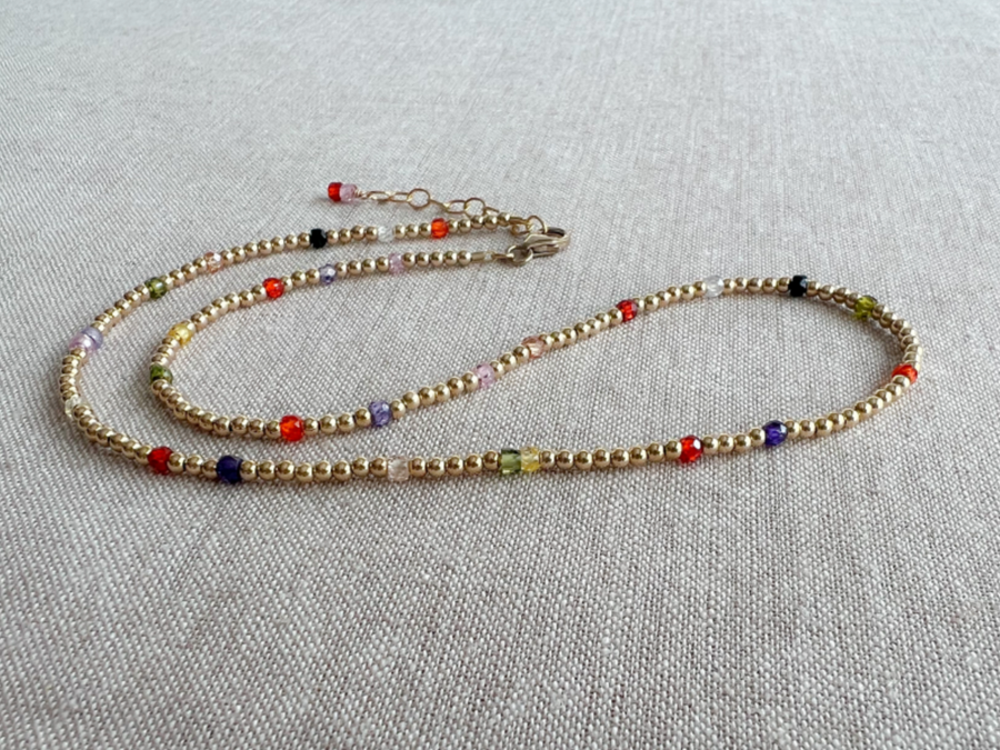 Gold Beaded Necklace with Multi Colored Cubic Zirconia
