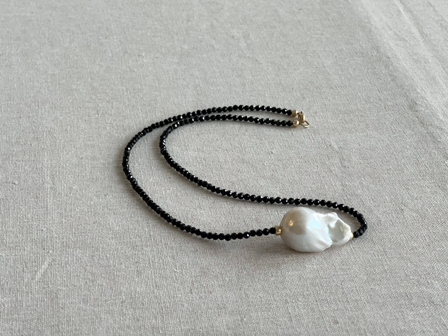 Black Spinel Necklace with Baroque Pearl Accent
