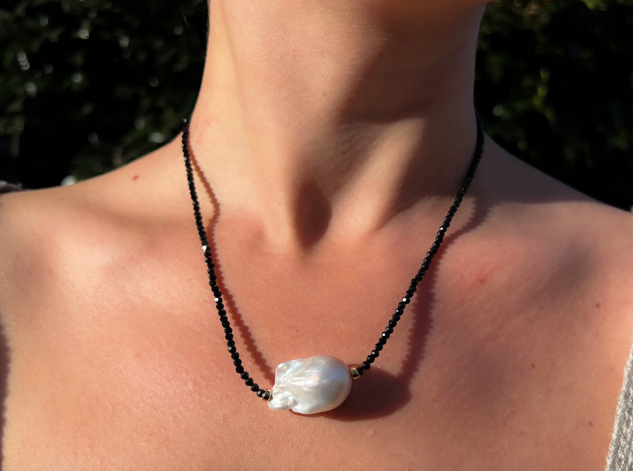 Black Spinel Necklace with Baroque Pearl Accent