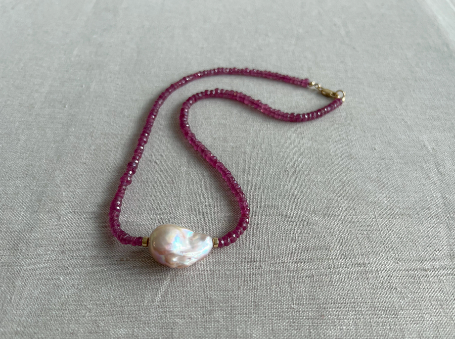 Ruby Necklace with Baroque Pearl Accent