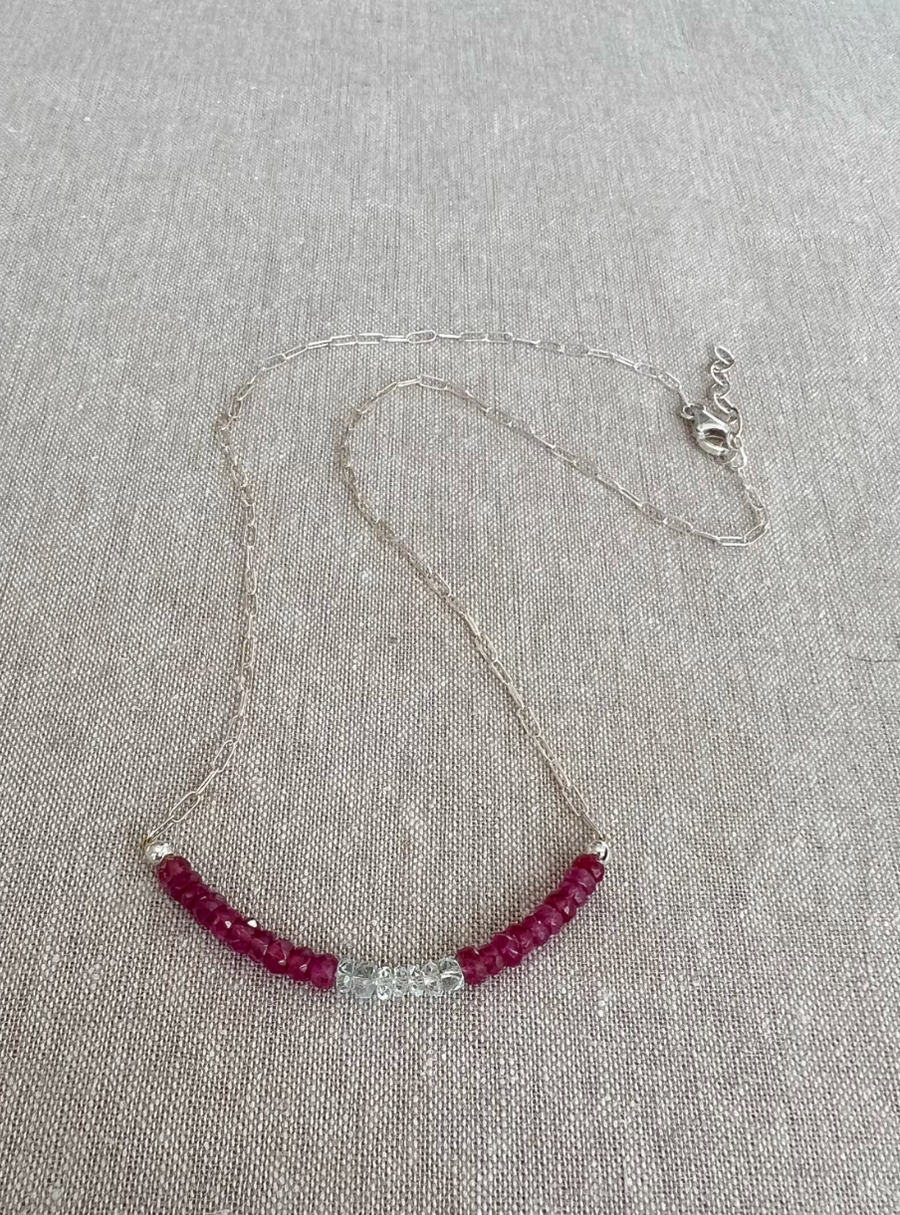 Dainty Silver Necklace with Ruby and Aquamarine Focal Bar
