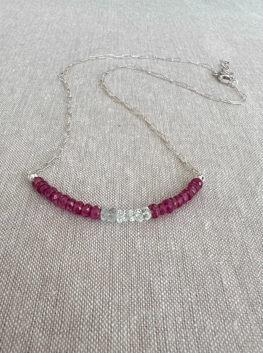 Dainty Silver Necklace with Ruby and Aquamarine Focal Bar