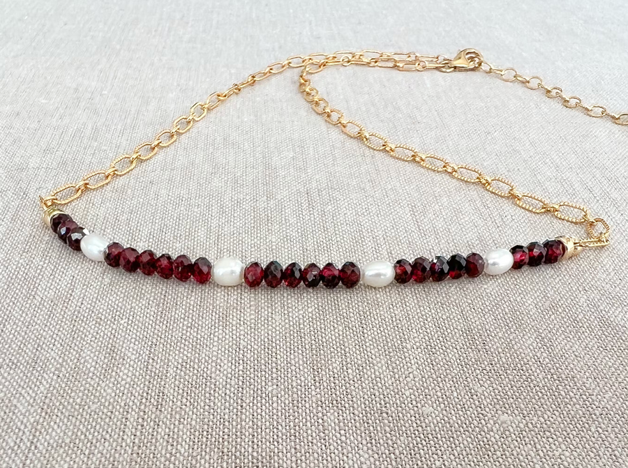 Garnets and Freshwater Pearls on Gold Filled Paperclip Chain
