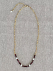 Garnets and Freshwater Pearls on Gold Filled Paperclip Chain