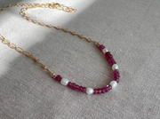 Rubies and Freshwater Rice Pearls on Gold Filled Paperclip Chain
