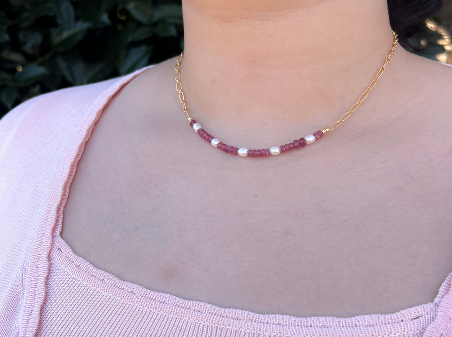 Rubies and Freshwater Rice Pearls on Gold Filled Paperclip Chain