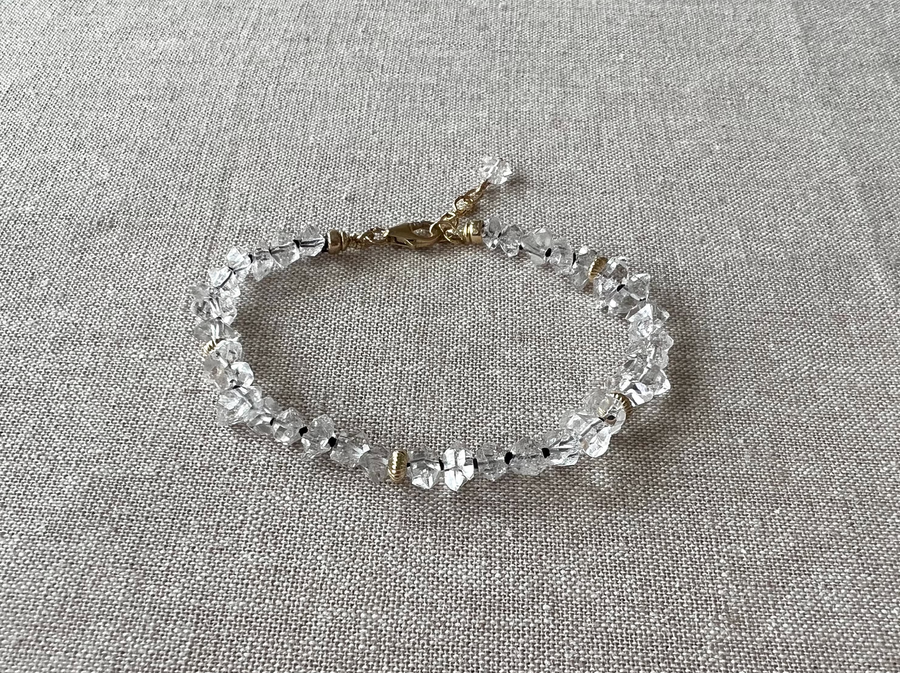 AAA Herkimer Diamond Bracelet on Black Silk with Gold Accents