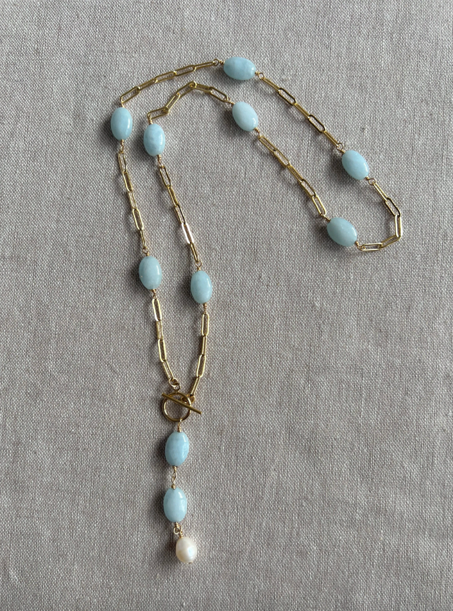 Aquamarine Station Necklace on Gold Filled Paperclip Chain