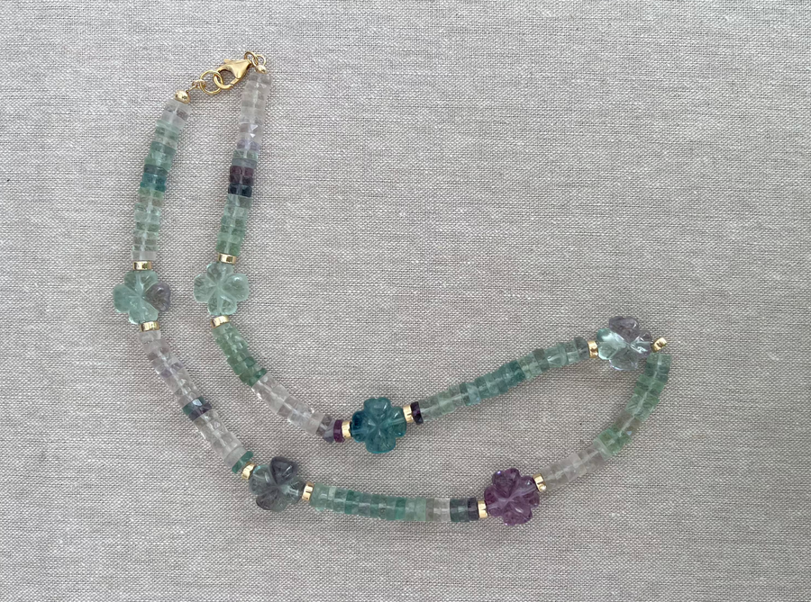 Fluorite Necklace with Carved Fluorite Flower Accents
