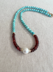 Turquoise Necklace with Garnets and Freshwater Pearl Accent