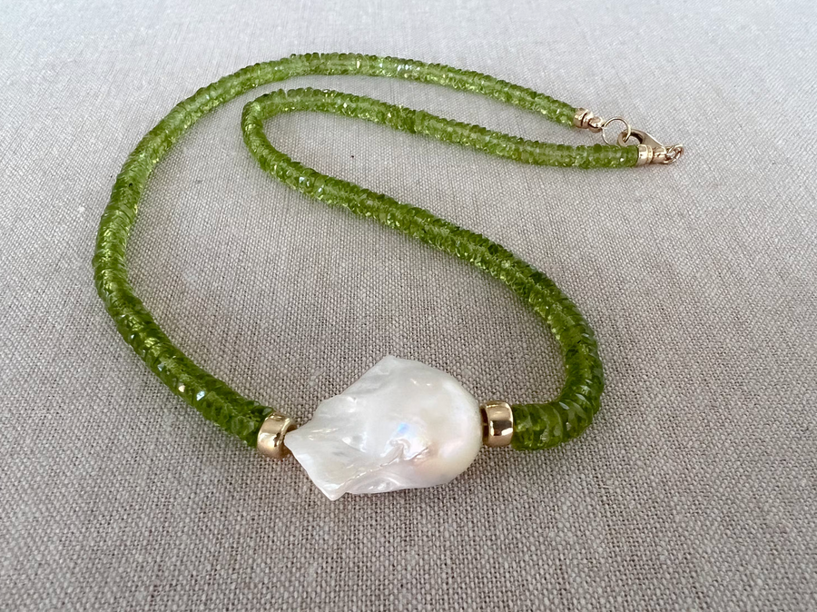 Peridot Heishi Necklace with Baroque Pearl Accent
