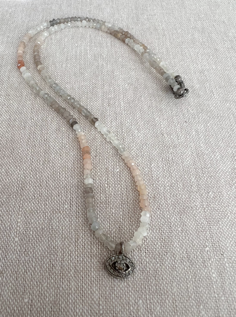 Moonstone Necklace with Pave Diamond Evil Eye Charm