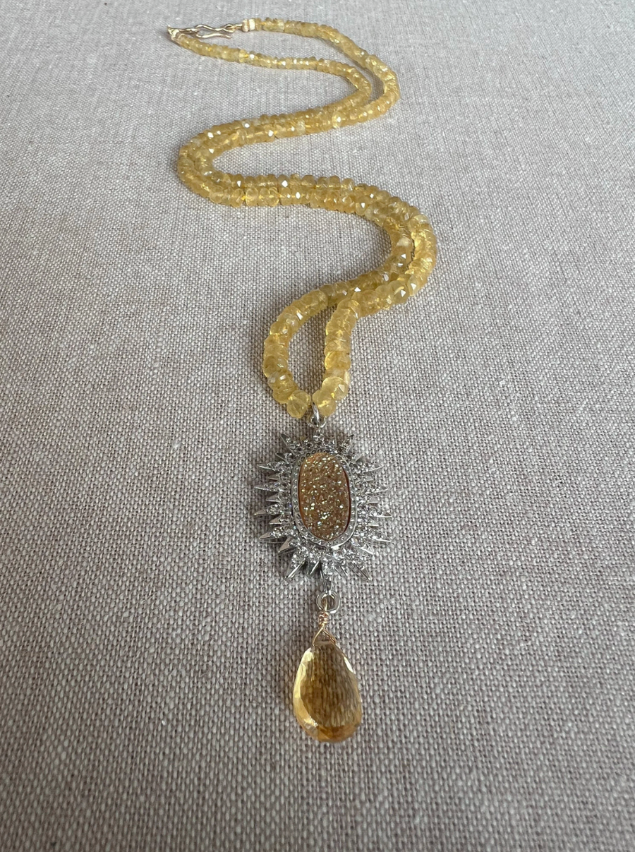 Yellow Aquamarine Necklace with Druzy Pendant