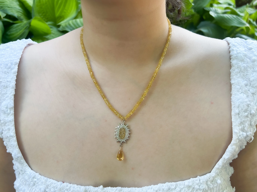 Yellow Aquamarine Necklace with Druzy Pendant