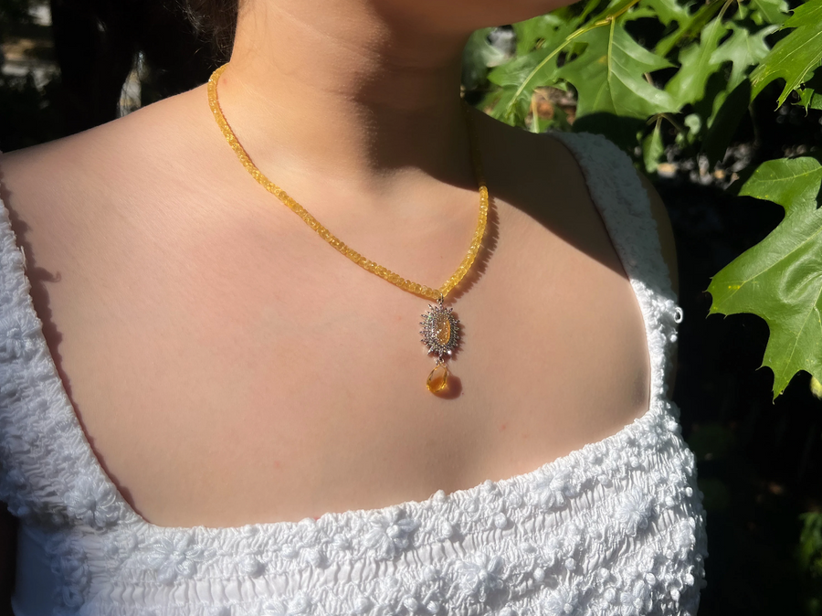 Yellow Aquamarine Necklace with Druzy Pendant