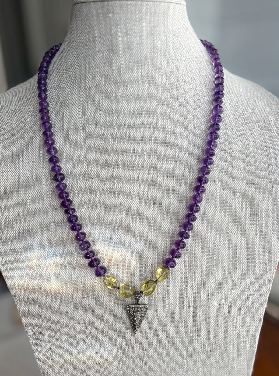 Amethyst Necklace with Lemon Quartz Accents and Pave Diamond Pendant