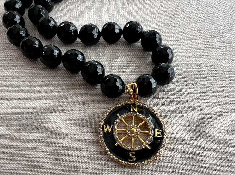 Black Onyx Necklace with Compass Pendant