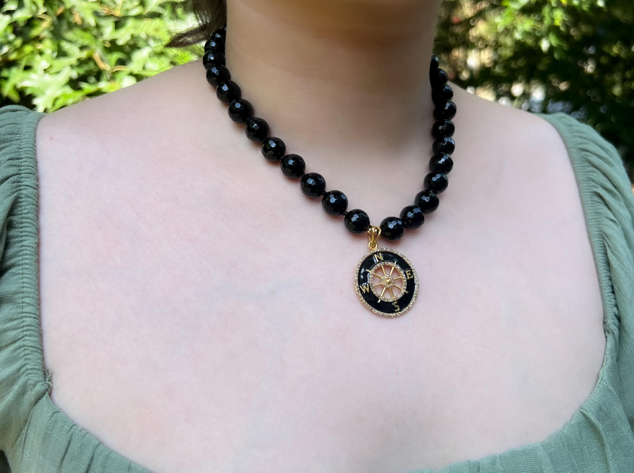 Black Onyx Necklace with Compass Pendant