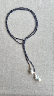 Iolite Lariat Multi Way Necklace with Baroque Pearl Ends