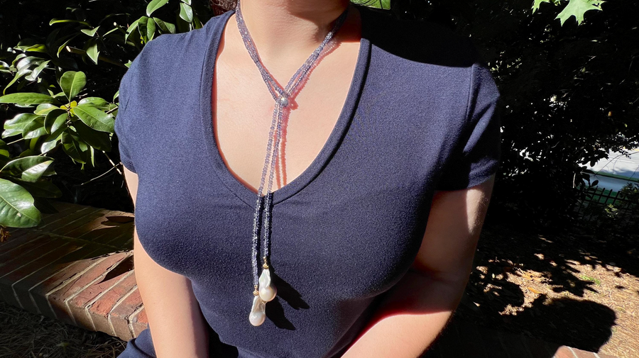 Iolite Lariat Multi Way Necklace with Baroque Pearl Ends