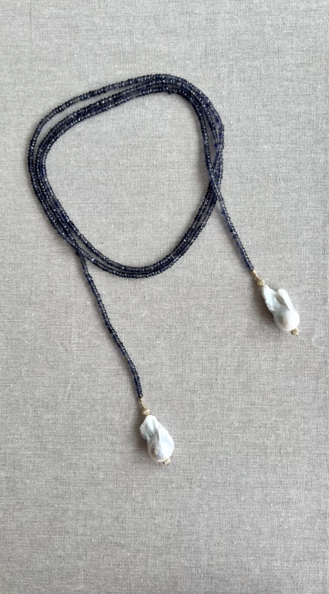 Iolite Lariat Multi Way Necklace with Baroque Pearl Ends