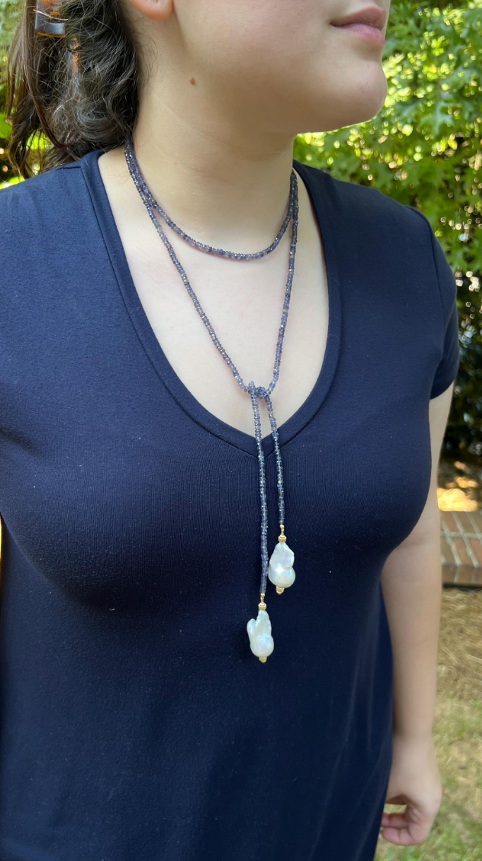 Iolite Lariat Multi Way Necklace with Baroque Pearl Ends