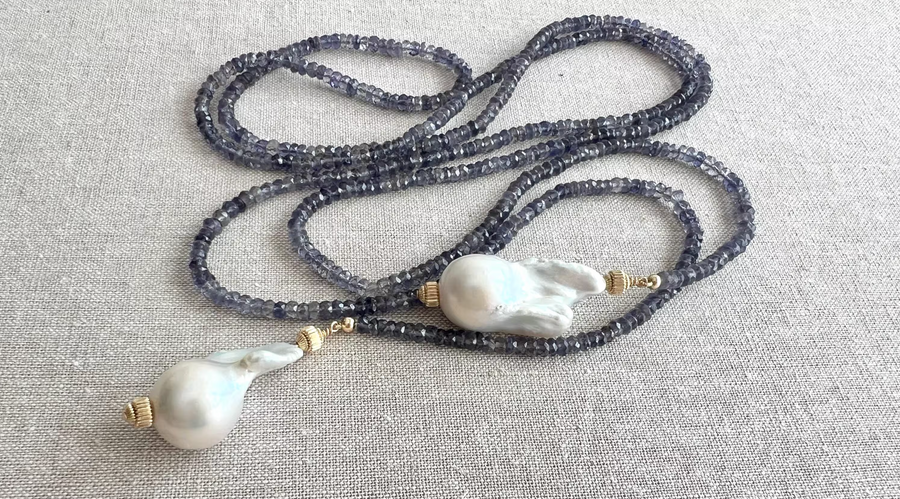 Iolite Lariat Multi Way Necklace with Baroque Pearl Ends