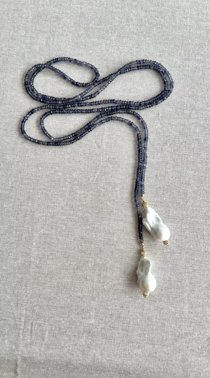 Iolite Lariat Multi Way Necklace with Baroque Pearl Ends