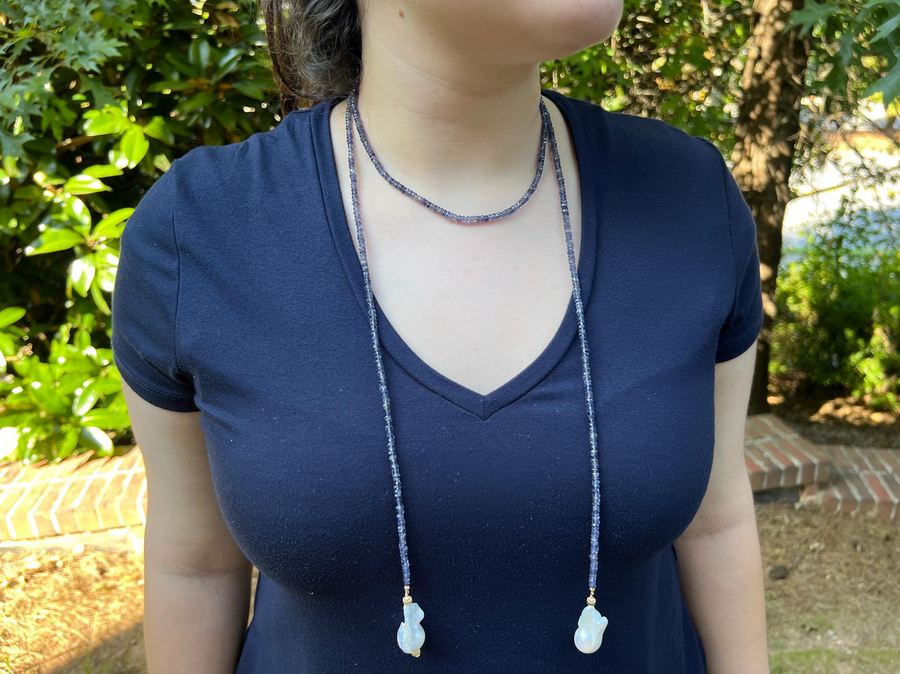 Iolite Lariat Multi Way Necklace with Baroque Pearl Ends