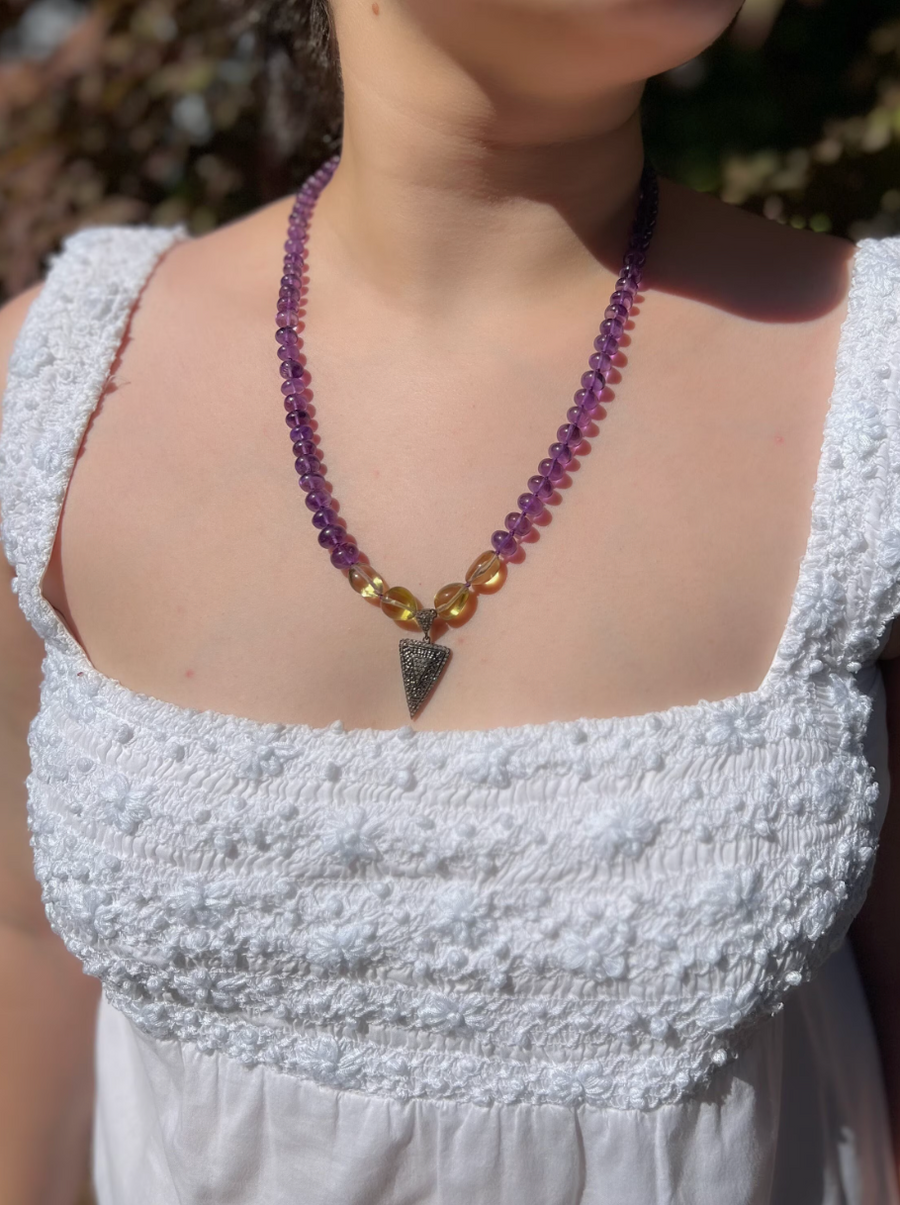 Amethyst Necklace with Lemon Quartz Accents and Pave Diamond Pendant