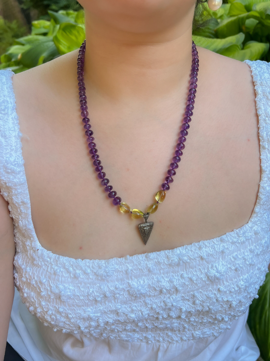 Amethyst Necklace with Lemon Quartz Accents and Pave Diamond Pendant