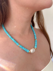 Sleeping Beauty Turquoise Heishi Necklace with Baroque Pearl Accent