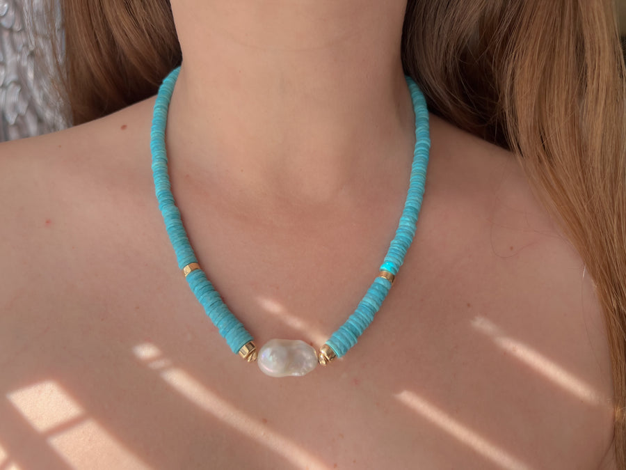 Sleeping Beauty Turquoise Heishi Necklace with Baroque Pearl Accent