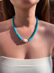 Sleeping Beauty Turquoise Heishi Necklace with Baroque Pearl Accent