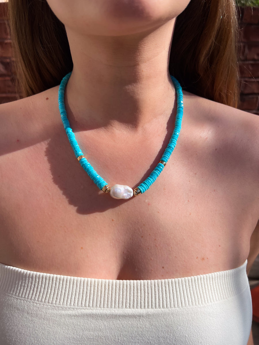 Sleeping Beauty Turquoise Heishi Necklace with Baroque Pearl Accent