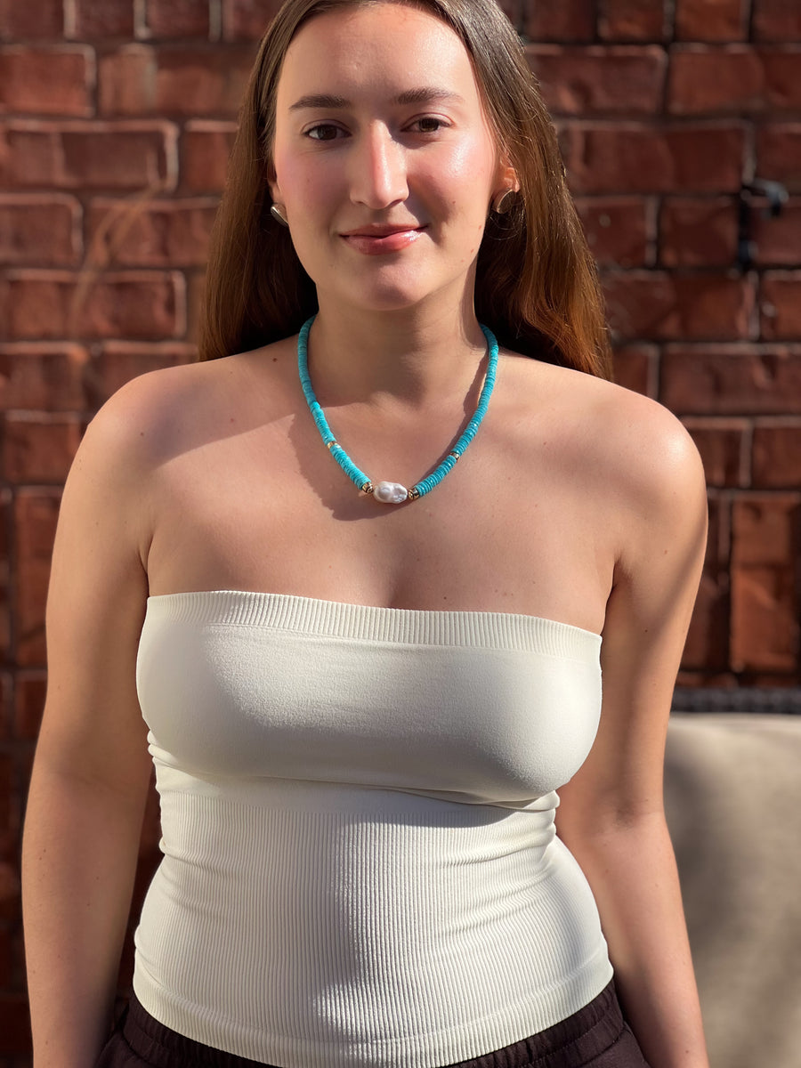 Sleeping Beauty Turquoise Heishi Necklace with Baroque Pearl Accent