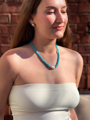 Sleeping Beauty Turquoise Heishi Necklace with Baroque Pearl Accent