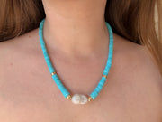 Sleeping Beauty Turquoise Heishi Necklace with Baroque Pearl Accent