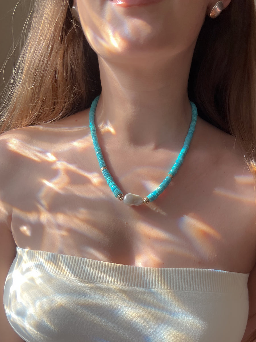 Sleeping Beauty Turquoise Heishi Necklace with Baroque Pearl Accent