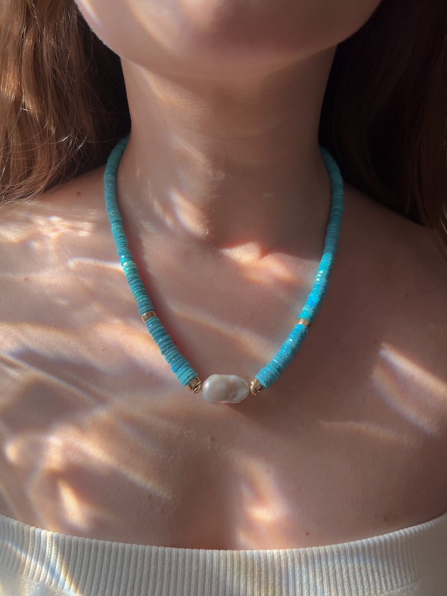 Sleeping Beauty Turquoise Heishi Necklace with Baroque Pearl Accent