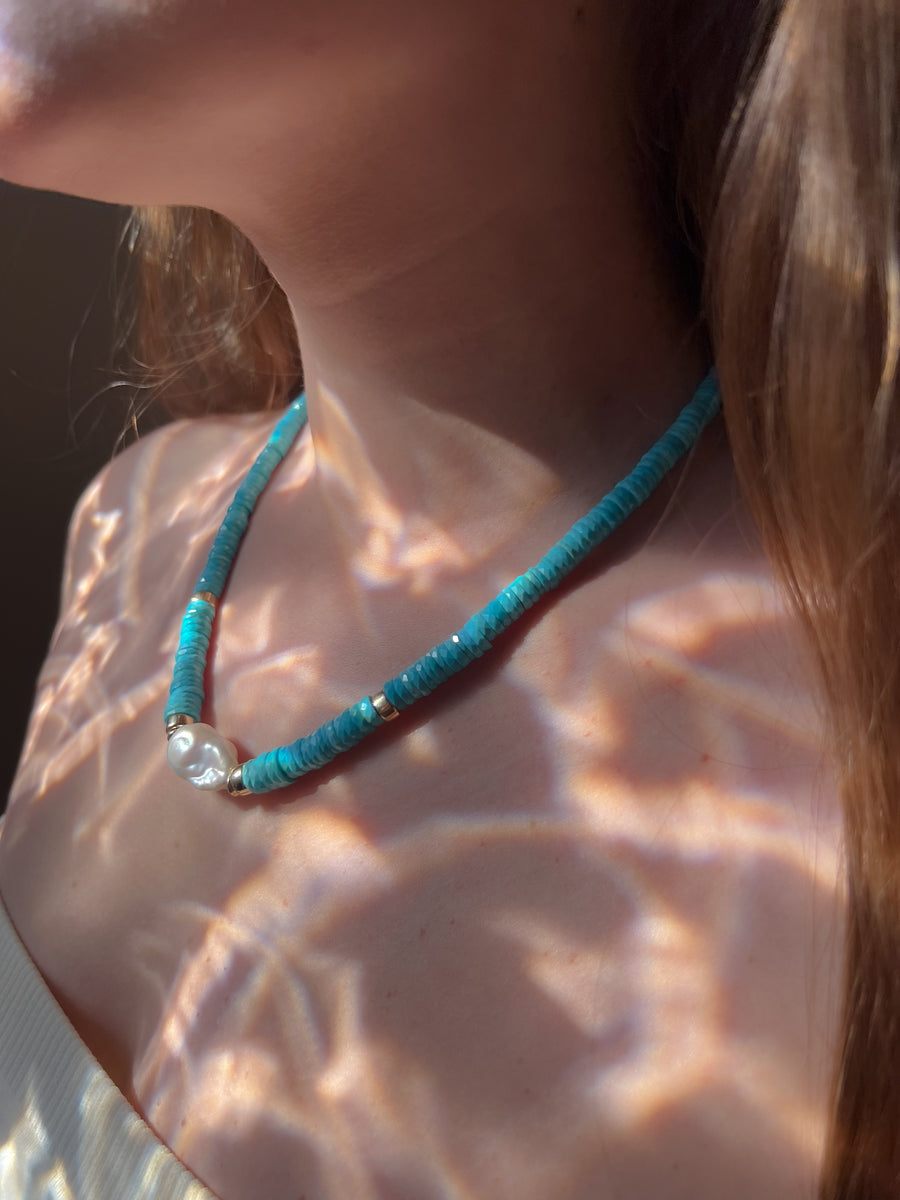 Sleeping Beauty Turquoise Heishi Necklace with Baroque Pearl Accent