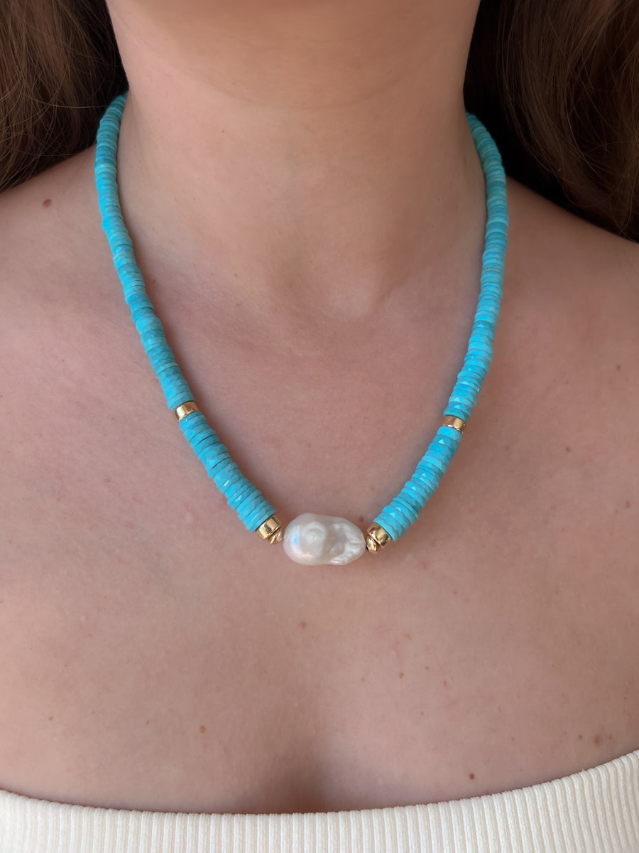 Sleeping Beauty Turquoise Heishi Necklace with Baroque Pearl Accent