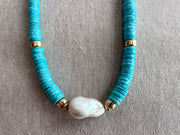 Sleeping Beauty Turquoise Heishi Necklace with Baroque Pearl Accent