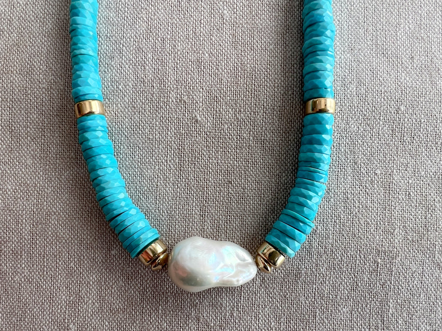 Sleeping Beauty Turquoise Heishi Necklace with Baroque Pearl Accent