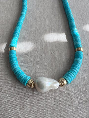 Sleeping Beauty Turquoise Heishi Necklace with Baroque Pearl Accent