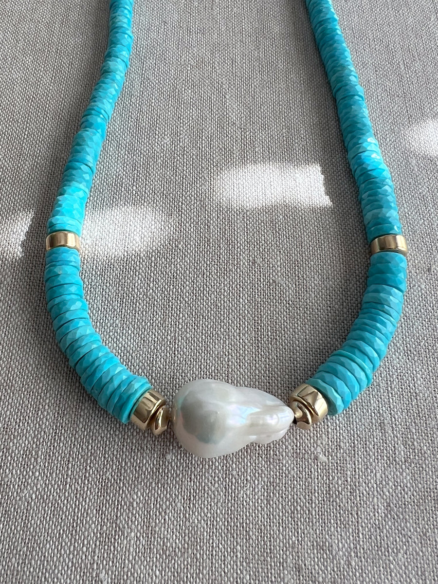 Sleeping Beauty Turquoise Heishi Necklace with Baroque Pearl Accent
