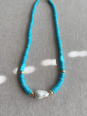 Sleeping Beauty Turquoise Heishi Necklace with Baroque Pearl Accent